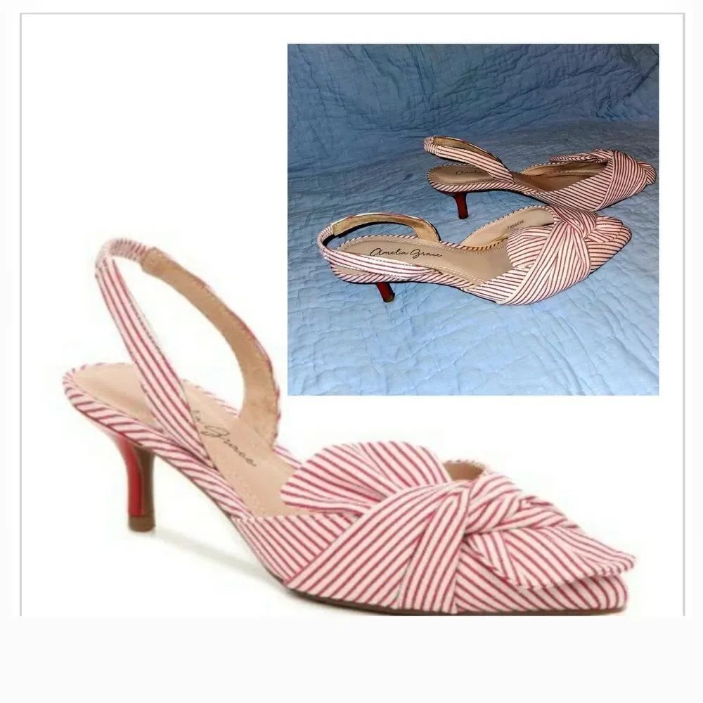 Amelia Grace Stylish Red and White Striped Slingback Heels Sizs 7.5M